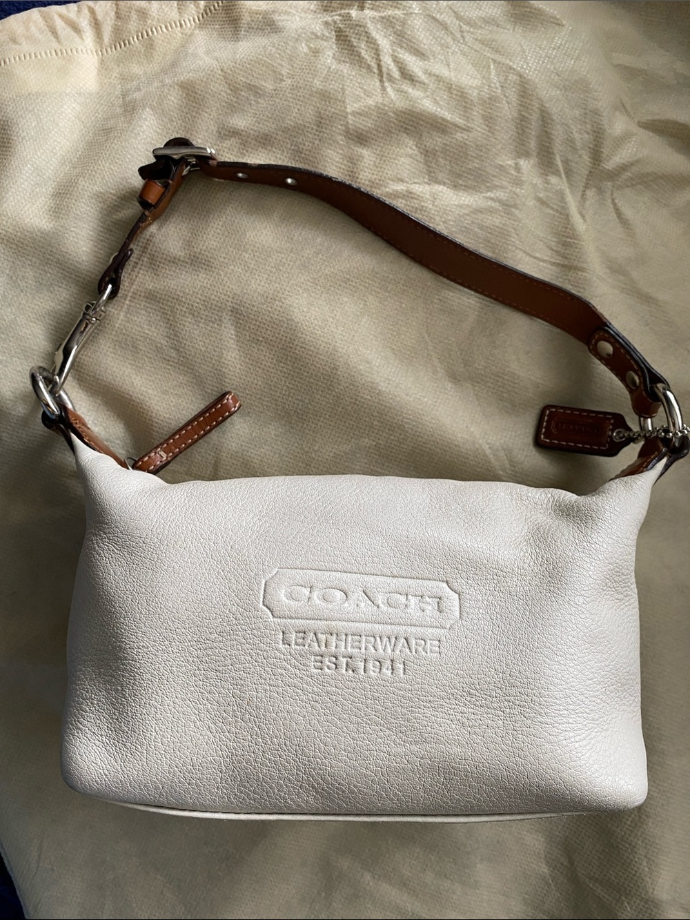 Coach White Baguette Leather Shoulder Bag with Brown Strap